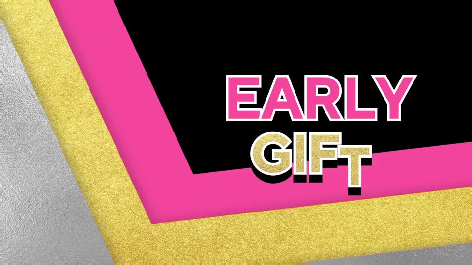 The words "EARLY GIFT" stand out in white and gold against a black and pink backdrop. A glittery gold and silver design forms the background, adding to the promotional feel.
