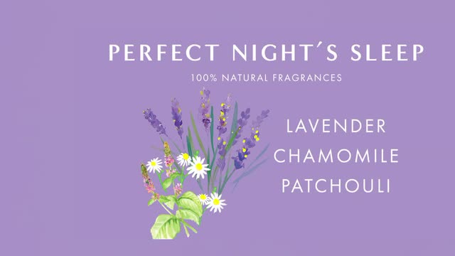 Against a lilac backdrop, a watercolour illustration of lavender, chamomile, and other herbs sits next to the words "Perfect Night's Sleep." The text promises "100% natural fragrances" with the listed ingredients.
