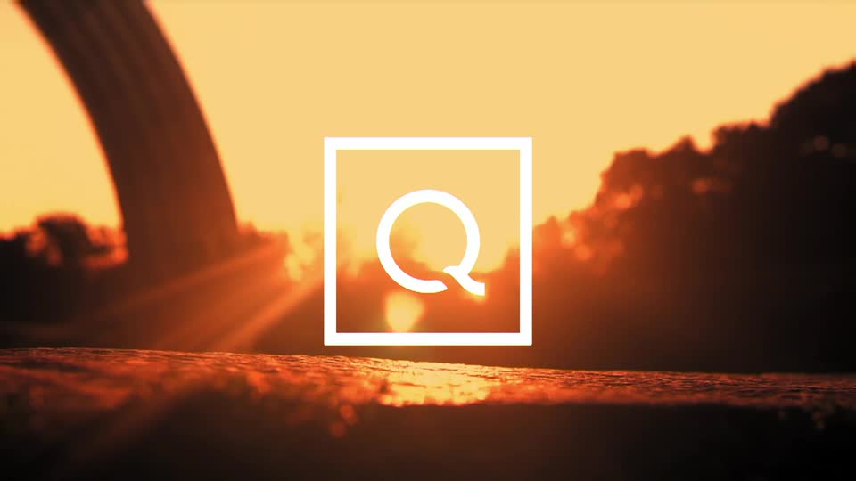 The sun dips below the horizon, casting a warm, orange glow over the water. A white square with a stylized "Q" sits centered in the frame, superimposed against the dramatic sky.