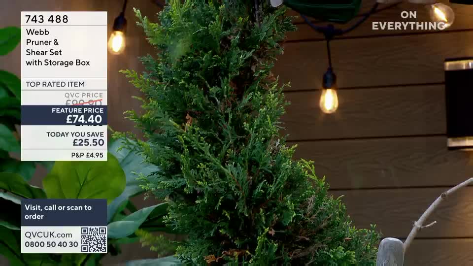 A close-up of a conifer tree dominates the frame, its dense green foliage filling the foreground. Behind it, a wooden-clad wall is illuminated by vintage-style Edison bulbs hanging from a string. A graphic overlay displays product information for a Webb Pruner & Shear Set, including a feature price of £74.40. A close-up of a conifer tree dominates the frame, its dense green foliage filling the foreground. Behind it, a wooden-clad wall is illuminated by vintage-style Edison bulbs hanging from a string. A graphic overlay displays product information for a Webb Pruner & Shear Set, including a feature price of £74.40.