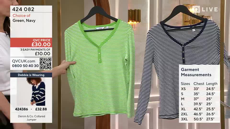 A bright green striped top hangs on a hanger, its V-neckline and button detail clearly visible. Beside it, a navy and white striped top is displayed, with a table of garment measurements overlaid on the right. A bright green striped top hangs on a hanger, its V-neckline and button detail clearly visible. Beside it, a navy and white striped top is displayed, with a table of garment measurements overlaid on the right.