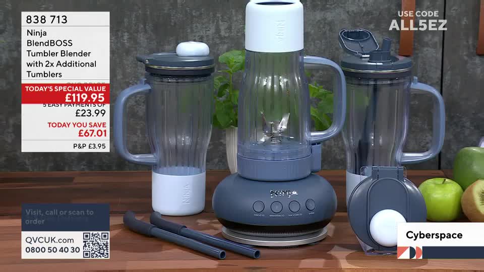 A Ninja BlendBOSS tumbler blender sits centre stage, its blades exposed in the clear jug. To its left, another blender jug stands ready, and to the right, a third jug has its lid flipped open.
