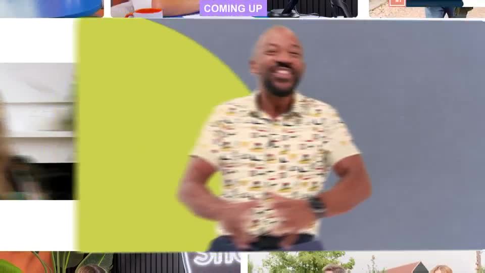 A man in a patterned shirt is laughing and gesturing with his hands. He's on a QVC Extra segment, with a bright green graphic behind him.