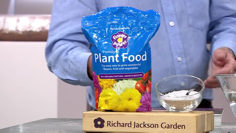 A man in a blue shirt holds a bag of Richard Jackson's Flower Power Plant Food. Beside it, a small glass bowl contains a white powder mixed with liquid.