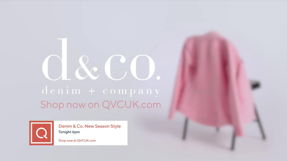 A bright pink jacket hangs on a chair. Text announces "Denim & Co. New Season Style" and "Shop now on QVCUK.com."