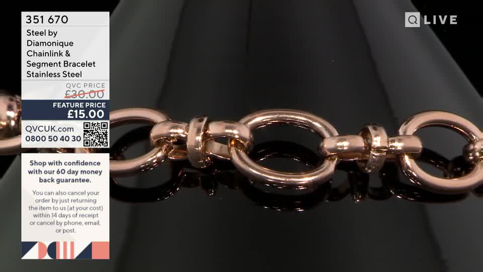 A rose gold chain bracelet, reflecting light, is displayed on a dark surface. The QVC price and feature price are shown in the corner, highlighting the deal.
