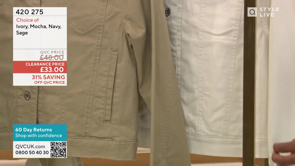 Two jackets, one mocha and one ivory, are displayed side-by-side, likely for a QVC-style presentation. The camera focuses on the details of the denim-style jackets, highlighting the pockets and stitching.
