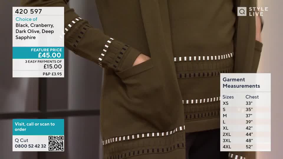 A hand is casually tucked into the pocket of a dark olive cardigan. The presenter is showing off the details, like the cut-out design along the sleeves and hem.
