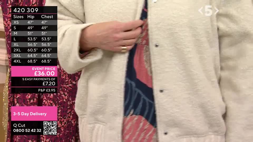 A woman's hand is fastening the top button of a cream-colored cardigan. The presenter's ring glints as she holds the jacket closed, revealing a patterned dress underneath.
A woman's hand is fastening the top button of a cream-colored cardigan. The presenter's ring glints as she holds the jacket closed, revealing a patterned dress underneath.