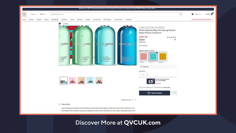 A row of four Molton Brown bottles, each a different pastel shade, stands on a white background. Below them, a selection of smaller images shows different UK landmarks.