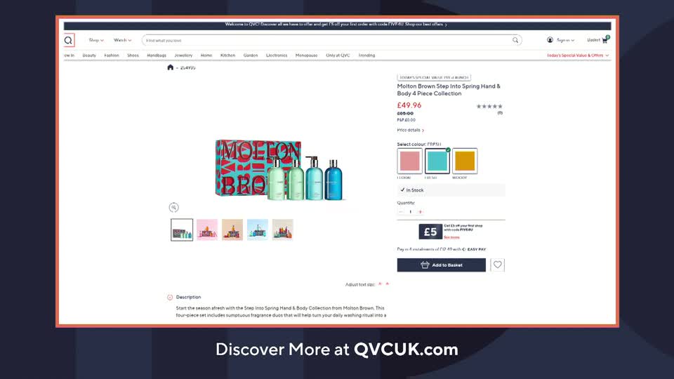 A Molton Brown gift set sits on display, featuring three bottles of hand wash and a lotion. Below, a selection of smaller images shows different UK landmarks.