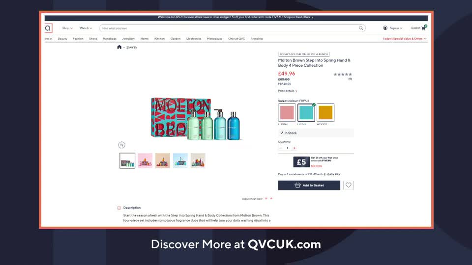 A Molton Brown gift set with three bottles of hand and body wash sits on a white surface. Below, smaller images show different UK landmarks.