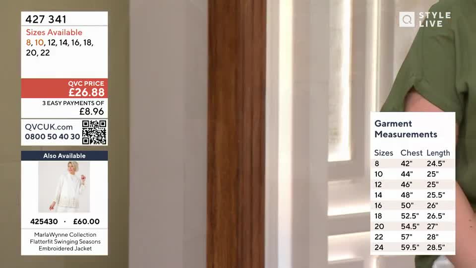 A woman in a green top stands next to a display of garment measurements. On the left, a screen shows product details and pricing for a jacket.