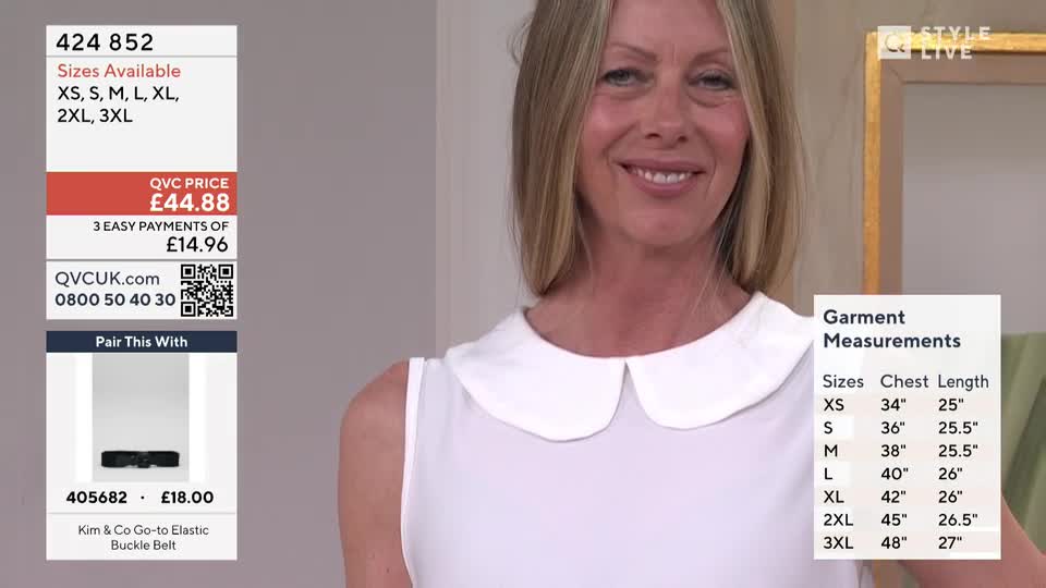 A woman smiles, showcasing a white top with a Peter Pan collar. On the left, a QVC graphic displays product details and pricing.