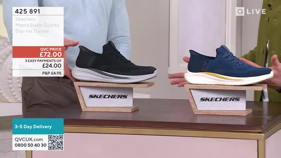 A black Skechers trainer sits on a wooden stand, its white sole catching the light. Beside it, a blue Skechers trainer is presented, its gold trim gleaming. A black Skechers trainer sits on a wooden stand, its white sole catching the light. Beside it, a blue Skechers trainer is presented, its gold trim gleaming.