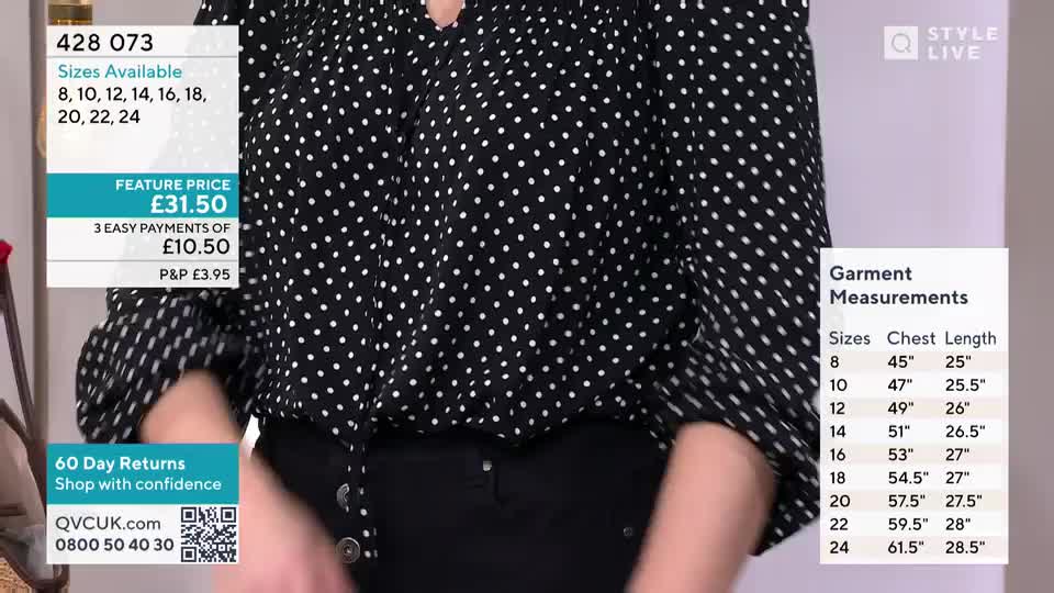 A woman in a black and white polka dot blouse stands before a display of garment measurements. On the left, a graphic shows the price and available sizes for the item. A woman in a black and white polka dot blouse stands before a display of garment measurements. On the left, a graphic shows the price and available sizes for the item.