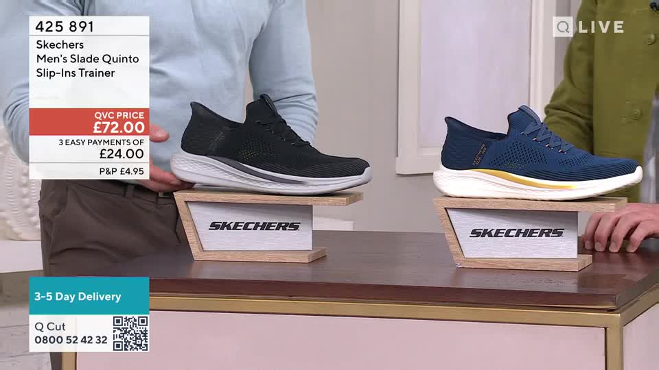 A black Skechers trainer sits on a wooden stand, while a blue one is displayed next to it. A hand reaches in to adjust the blue shoe.