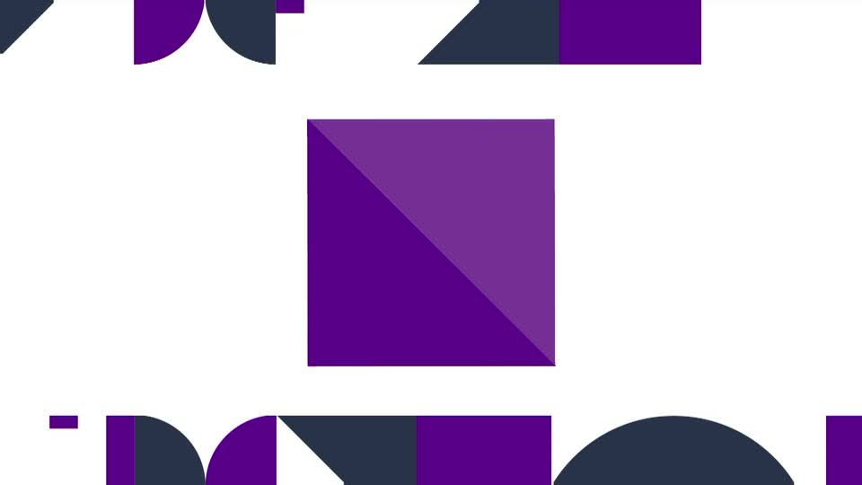 A large purple square, divided diagonally, hovers above a white background. Below it, a row of dark blue and purple geometric shapes, some curved like half-circles, are arranged.