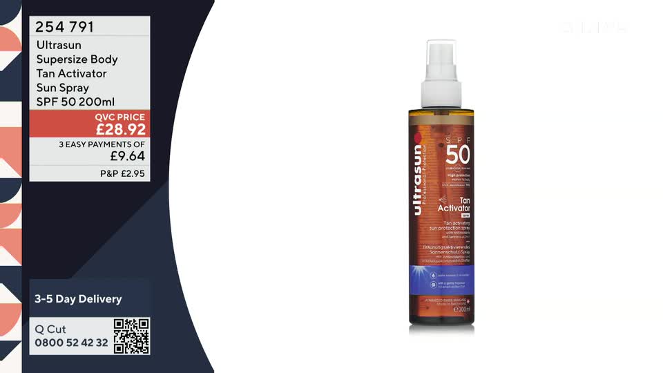 A bottle of Ultrasun SPF 50 sun spray is displayed prominently, its label clearly visible. Beside it, a QVC graphic details the product's price and payment options.
