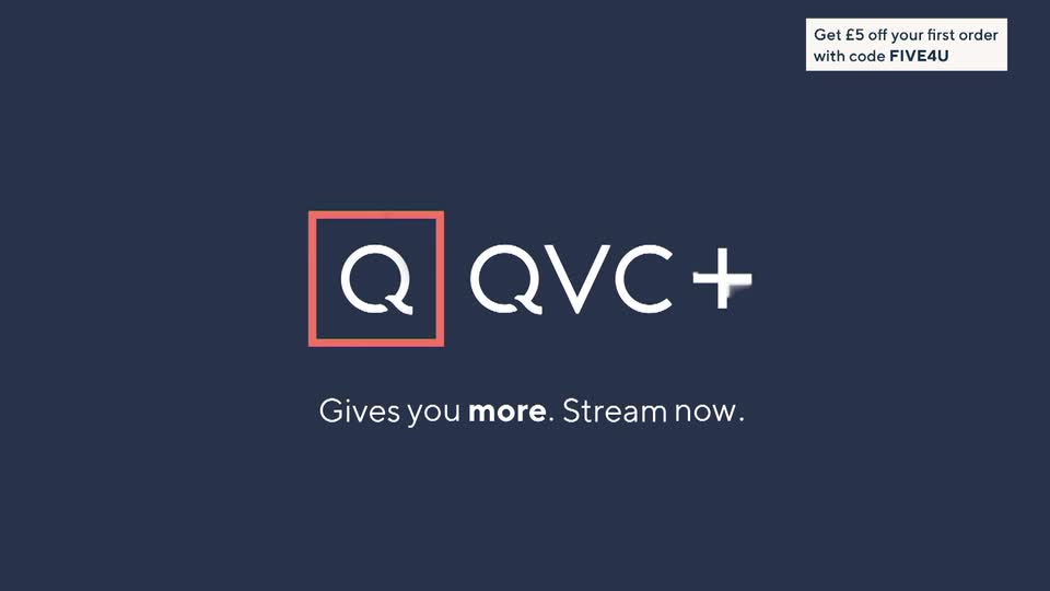 The QVC+ logo, with its distinctive "Q" in a box, sits centered on a dark blue background. Below, a message encourages viewers to stream, offering a discount for new customers in the United Kingdom.
