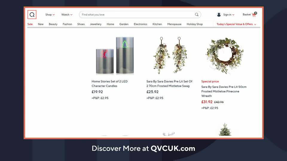 The QVC UK website displays a selection of Christmas decorations, including candles, mistletoe swags, and a wreath. Prices are listed in pounds sterling, and a call to action encourages viewers to explore the site further.
