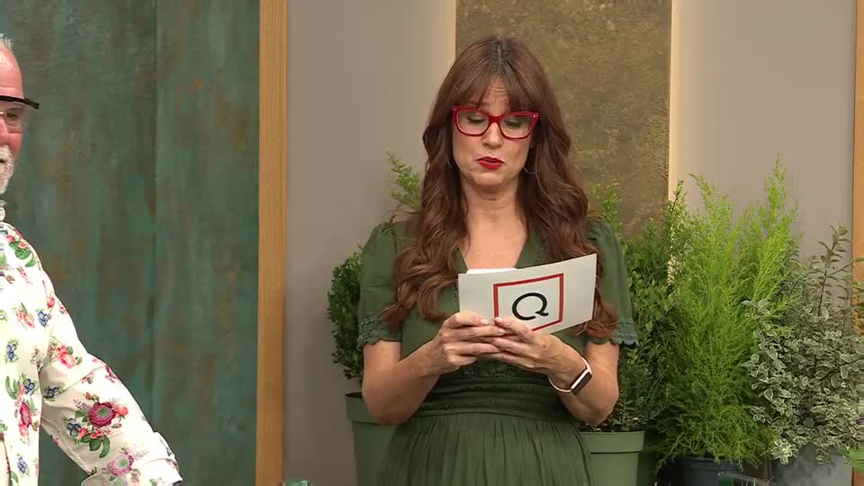 A woman in glasses holds a card with a "Q" on it, looking down at it with a serious expression. The set has plants and a neutral backdrop, typical of UK QVC.
