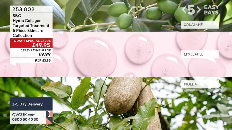 The screen displays a QVC product promotion from the United Kingdom.  A skincare collection is advertised with images of ingredients like olives and a pink, liquid serum.
