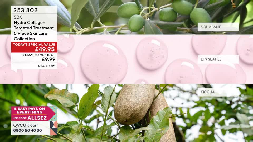 On QVC UK, a graphic advertises a skincare collection, with the price and payment options clearly displayed. The image features close-ups of ingredients like olives and a pink, gel-like substance.
