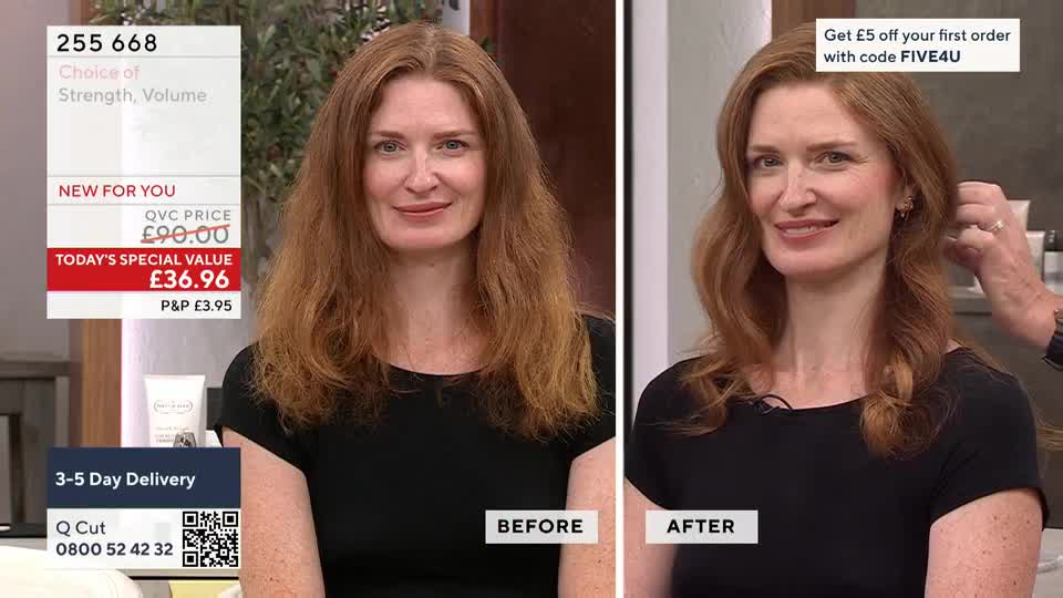 A woman with auburn hair sits in front of a split screen, the "before" image showing her hair looking frizzy, while the "after" side displays it styled with gentle waves. A hand is gently touching her hair, presumably after the styling, in this QVC demonstration.
