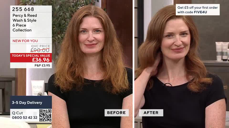 A woman with long, reddish-brown hair smiles at the camera, one image showing her hair unstyled, the other with it styled in soft waves. The "before" and "after" shots are part of a QVC presentation for a hair care product from the United Kingdom.
