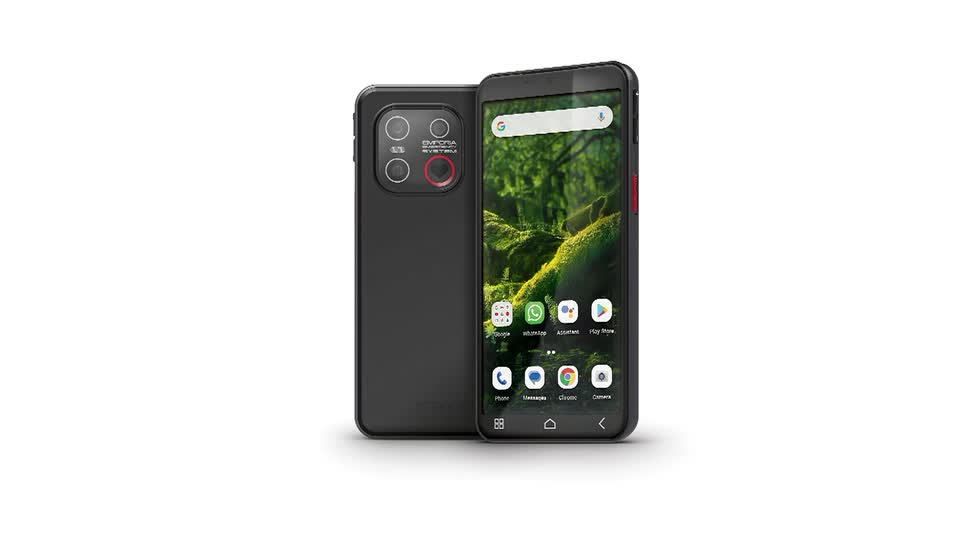A black smartphone is propped up, its screen displaying a verdant forest scene. The phone's back shows a cluster of camera lenses.
