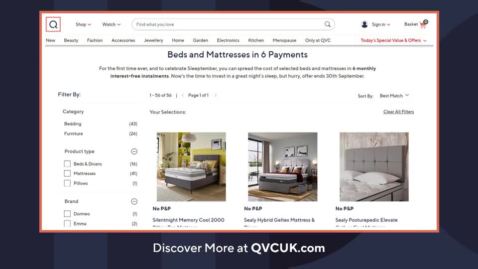 On a QVC UK webpage, a selection of beds and mattresses is displayed, with the option to pay in six installments. The site encourages viewers to "invest in a great night's sleep."
