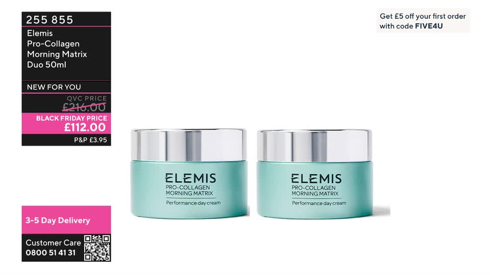 Two matching teal-colored jars of Elemis face cream sit side-by-side, their silver lids reflecting the light. A QVC graphic displays the product's price, now reduced for Black Friday.
