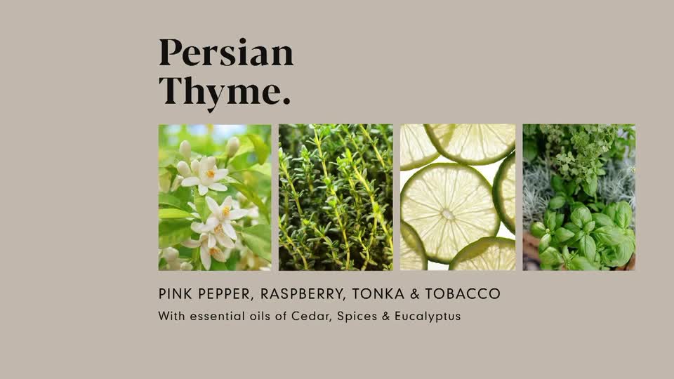 Four small, square images of plants and sliced fruit sit side-by-side against a muted background. The words "Persian Thyme" are printed at the top, and a list of scents and oils is below the images.
