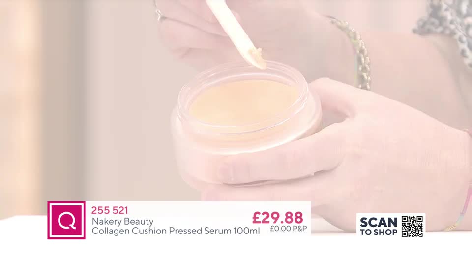 A hand scoops a pale yellow cream from a clear jar. The QVC logo and product details are displayed at the bottom.