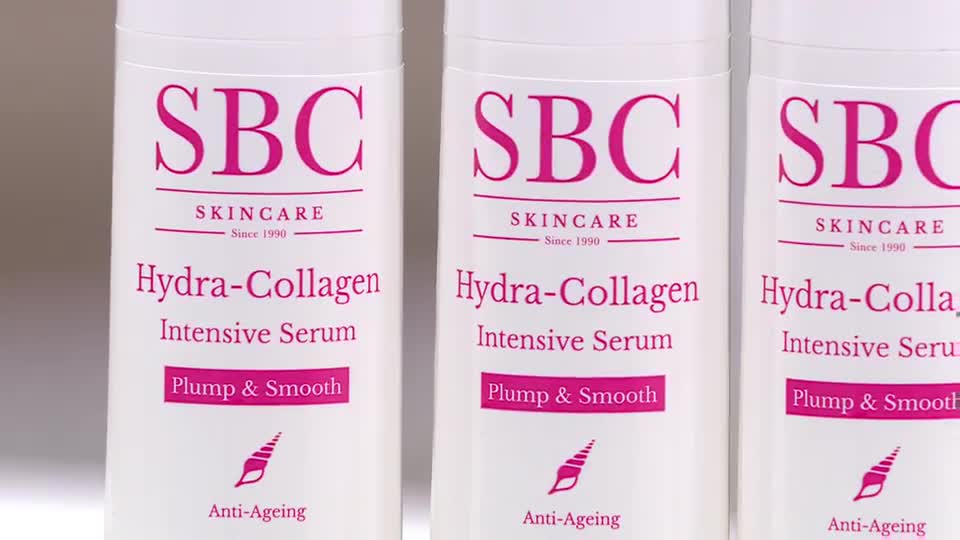 Three white bottles of SBC Skincare Hydra-Collagen Intensive Serum stand in a row. Their pink lettering announces "Plump & Smooth" and "Anti-Ageing." Three white bottles of SBC Skincare Hydra-Collagen Intensive Serum stand in a row. Their pink lettering announces "Plump & Smooth" and "Anti-Ageing."
