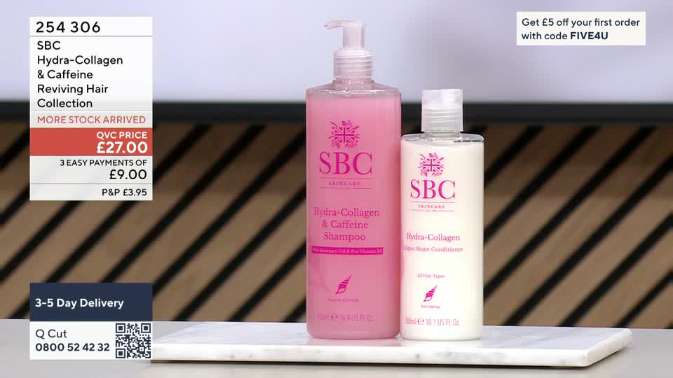 Two bottles of SBC skincare, one large pink shampoo and a smaller white conditioner, sit side-by-side on a marble surface. A graphic overlay details the QVC price and delivery information. Two bottles of SBC skincare, one large pink shampoo and a smaller white conditioner, sit side-by-side on a marble surface. A graphic overlay details the QVC price and delivery information.