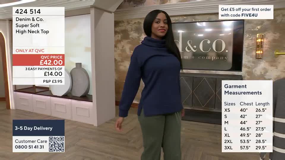 A woman models a navy blue high-neck top from Denim & Co. on QVC. The screen displays the top's price of £42.00 and garment measurements. A woman models a navy blue high-neck top from Denim & Co. on QVC. The screen displays the top's price of £42.00 and garment measurements.