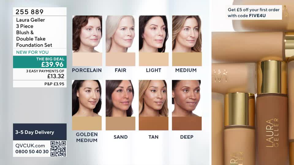 A row of women's faces, each with a swatch of foundation beneath, displays various shades. Bottles of Laura Geller foundation are stacked on the right, their gold caps glinting.