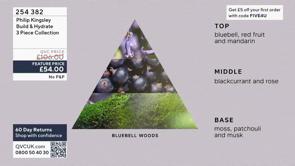 A pyramid graphic displays layered images of bluebells, blackcurrants, and moss. Text on the left advertises a Philip Kingsley "Build & Hydrate 3 Piece Collection" from QVC, currently priced at £54.00. A pyramid graphic displays layered images of bluebells, blackcurrants, and moss. Text on the left advertises a Philip Kingsley "Build & Hydrate 3 Piece Collection" from QVC, currently priced at £54.00.
