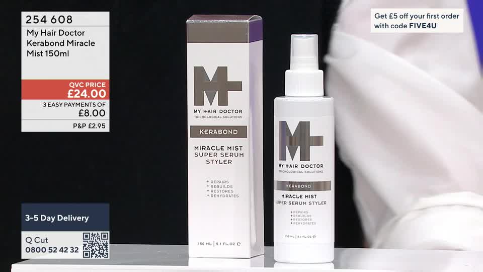 A bottle of My Hair Doctor Kerabond Miracle Mist stands next to its packaging. The QVC price of £24.00 is displayed, with an option for 3 easy payments of £8.00.