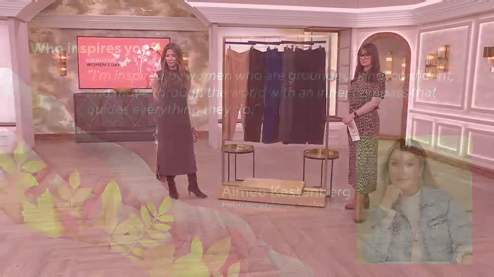 A woman in a long grey dress stands by a rack of colourful trousers, while another woman in a leopard-print dress stands nearby. A third woman, wearing a denim jacket, is superimposed in the lower right corner.