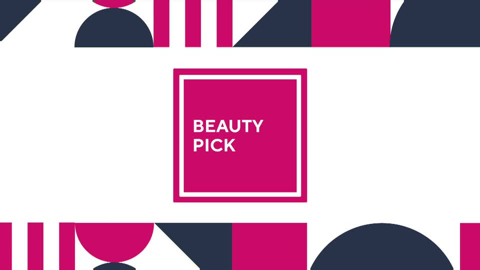 A bright pink square with "BEAUTY PICK" in white text appears centre screen. Geometric shapes in dark blue and magenta fill the background.