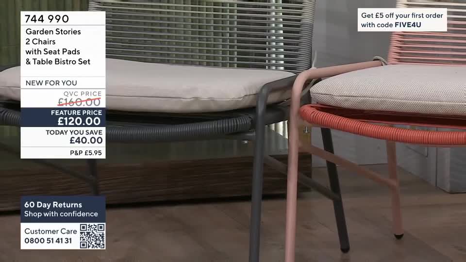 Two chairs, one grey and one pink, are displayed. The grey chair has a white cushion, and the pink chair is partially visible with a white cushion and a coral-coloured woven seat.