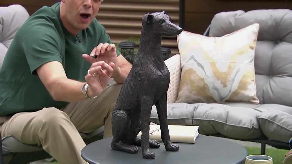 A man in a green t-shirt gestures enthusiastically towards a dark, seated dog sculpture. The sculpture sits on a table in front of a cushioned garden bench.