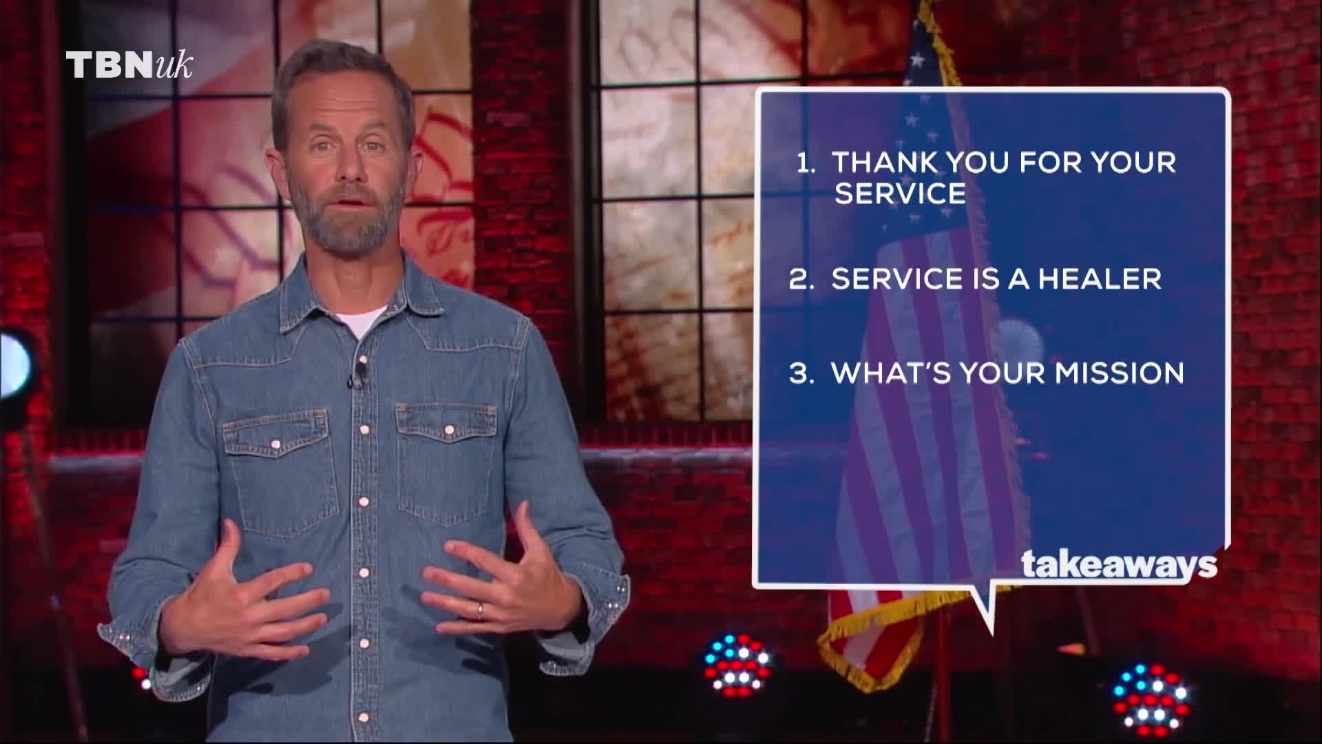 A man in a denim shirt gestures with his hands as he speaks, while a list of takeaways is displayed beside him. The TBN UK logo is visible in the top left corner.
