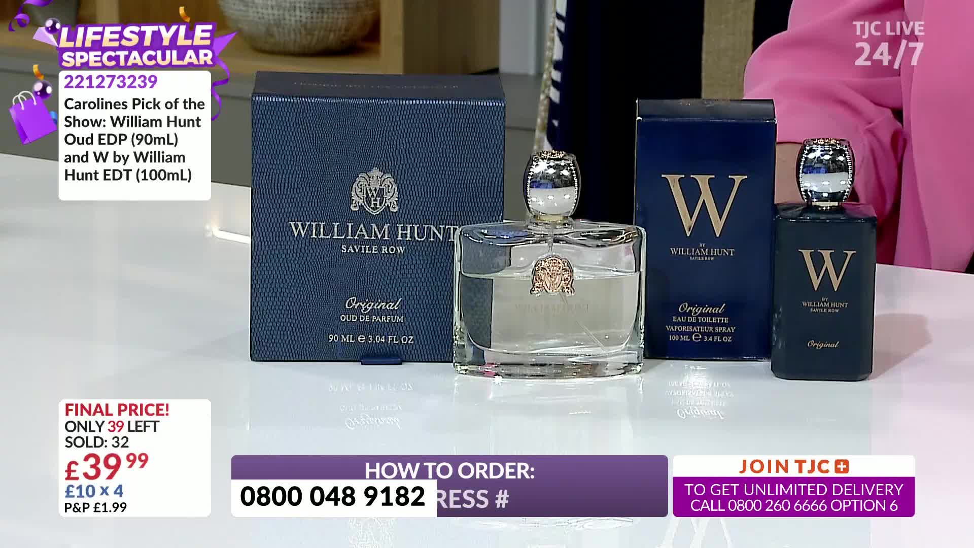 On a bright, reflective surface, several bottles of William Hunt fragrance are displayed, with their navy blue boxes and silver-topped bottles arranged for a television shopping segment. The on-screen graphics from TJC highlight the final price and ordering information.
