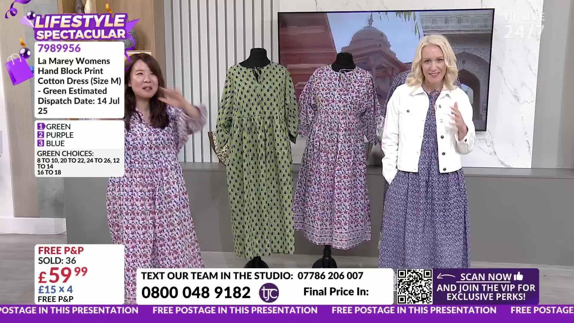 Two women stand in front of three dresses on mannequins, gesturing and talking. The TJC logo is visible, and the price of the dresses is displayed on screen.

