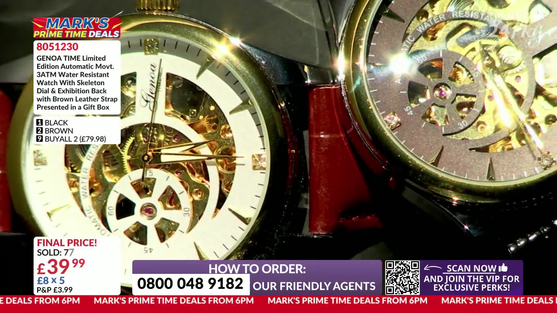 Two skeleton watches, one gold-toned and one darker, sit side-by-side. The hands on the watch on the left point just past the ten-minute mark.
