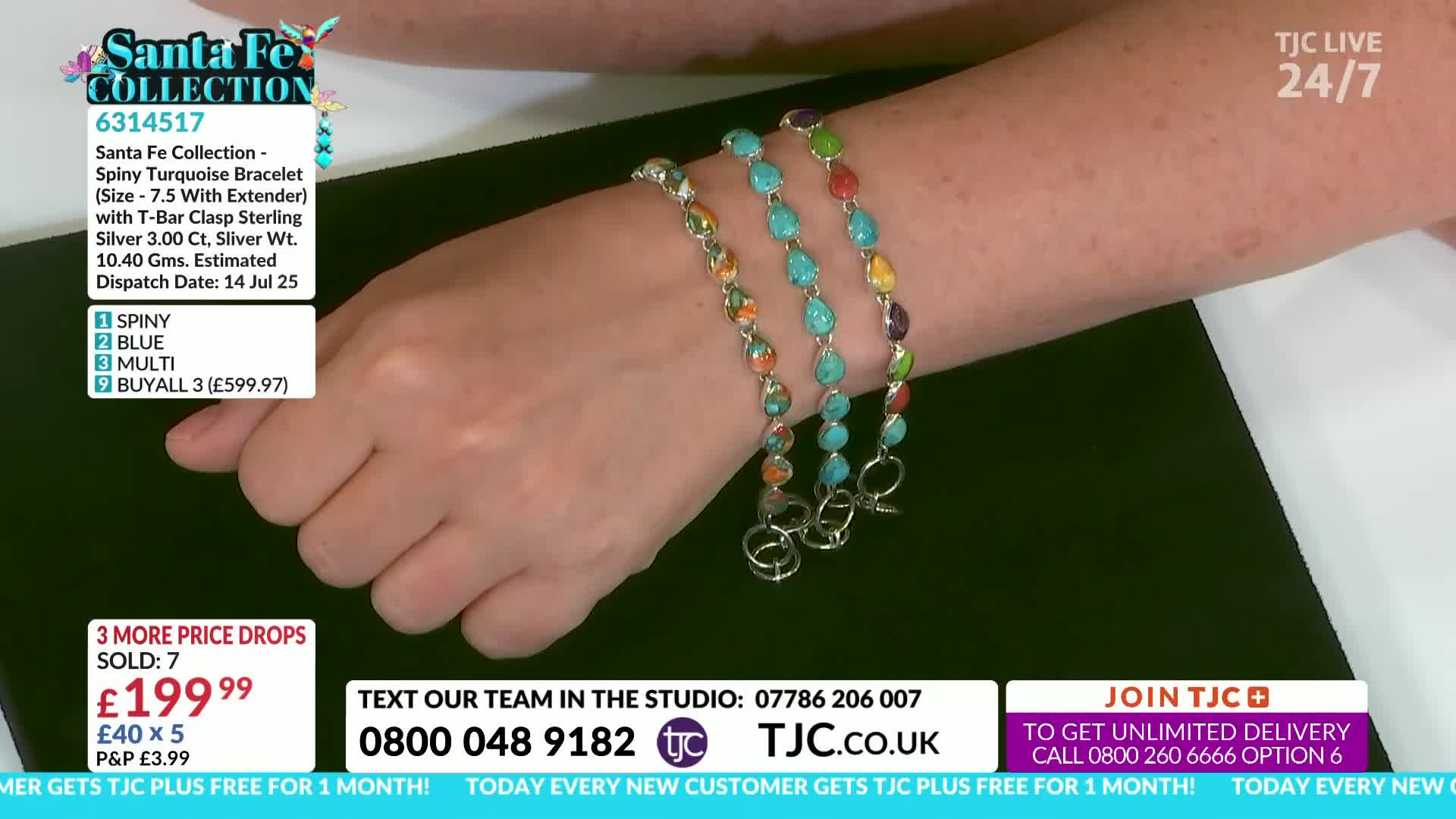Three bracelets, each with a different color of turquoise and other stones, are displayed on a wrist. The TJC studio host is showing off the jewelry, with the price and item details visible on the screen.
